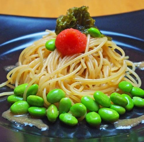 Butter soy sauce pasta with mentaiko and plenty of edamame