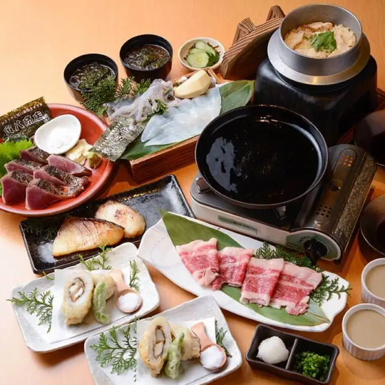【梅田コース】泳ぎイカお造りやカツオの藁焼き、天然真鯛の釜飯など全9品7,500円