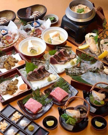 标准畅饮【娱乐套餐】包含10道菜，例如鱿鱼刺身、烤鲣鱼、河内鸭等，价格13,000日元。