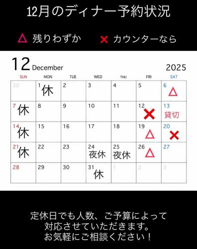 12月のディナー空き状況!