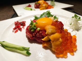 Ozaki Beef Super Yukke with Sea Urchin and Salmon Roe