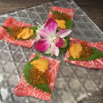 Ozaki beef lean sashimi with sea urchin and salmon roe