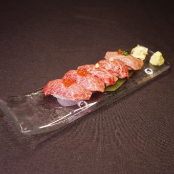 尾崎牛の寿司五貫盛り(赤身二貫、とろ、炙り、漬け)/尾崎牛の寿司二貫盛り(赤身、炙り)