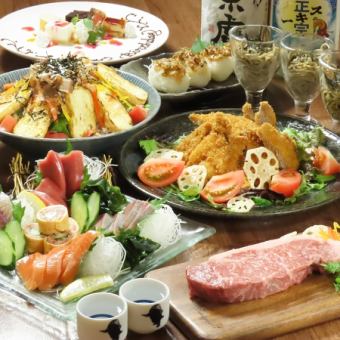 【おもてなしてぇ家コース】3H飲放題付6000円(税込)越後牛ステーキやタレカツ含むご当地グルメ★