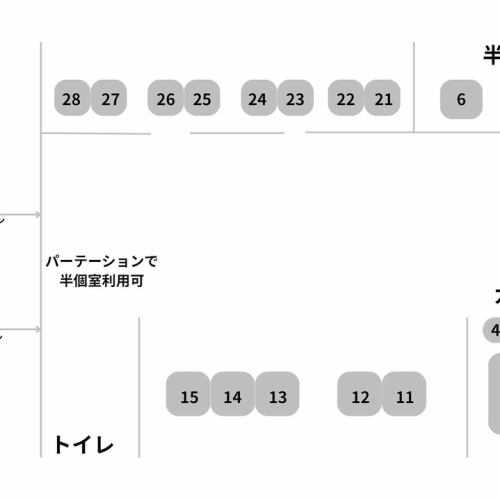 座席イラストです。完全個室にはパーテーションを設置しており、半個室としてもご利用いただけます。