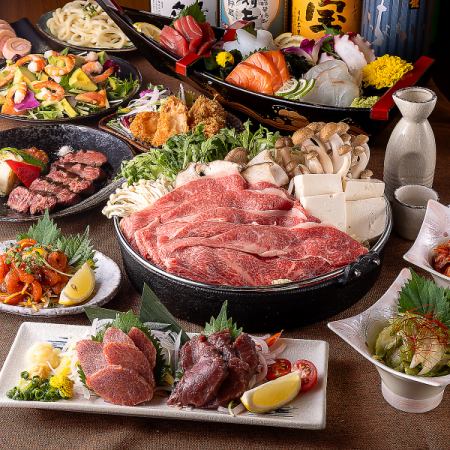 ■3H飲み放題付『すき焼き鍋コース』築地鮮魚五点盛りや和牛すき焼き鍋等<全10品>7000円→6000円