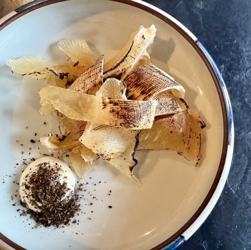 Charbroiled ray fin with homemade black shichimi mayonnaise