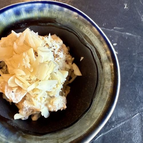 Shiraae with king oyster mushrooms and truffle nuts