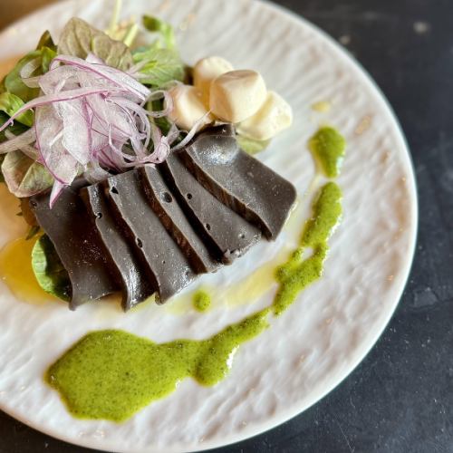 Homemade sesame tofu caprese with shiso leaf sauce