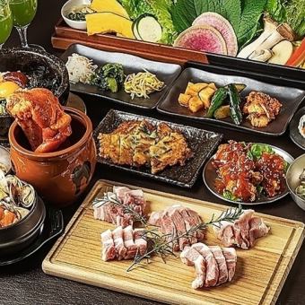 《月～木》【焼肉×韓国料理食べ放題コース】薩摩茶美豚食べ比べ&韓国料理50種以上 3828円