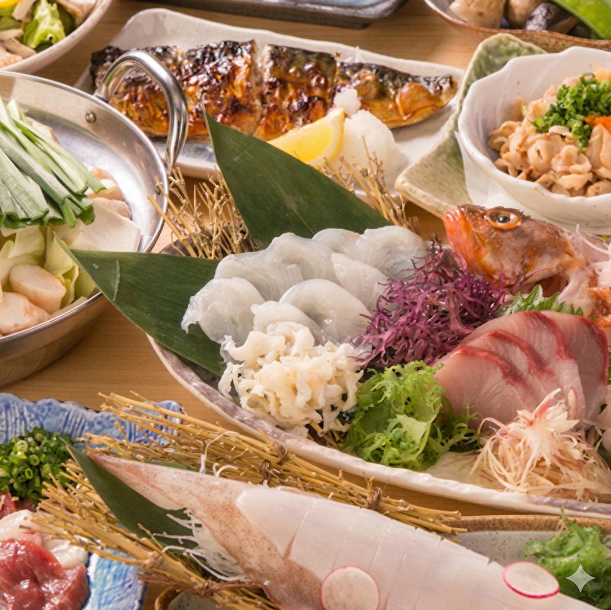 九州各地でとれた新鮮な鮮魚や人気の焼酎、レアな地酒など、豊富なメニューでお出迎え