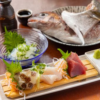 本まぐろ・かんぱち・たいのお造り三種盛り