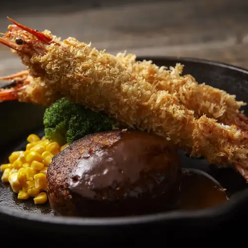 Fried shrimp & hamburger