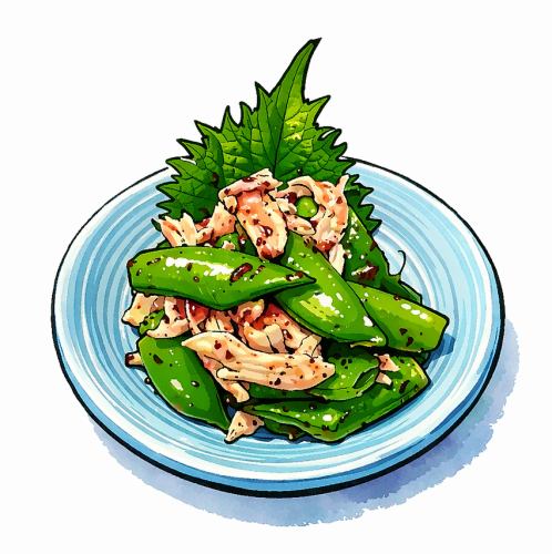 スナップエンドウと蒸し鶏の梅しそ仕立て