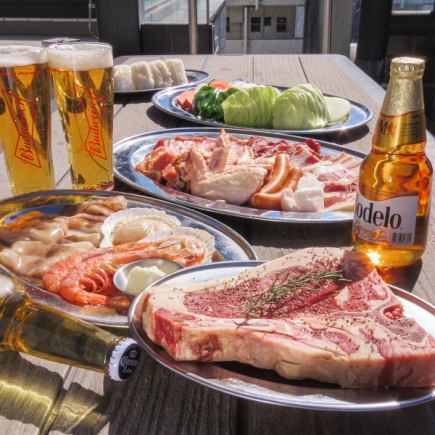 【Tボーン&魚介付きBBQ PLAN(タイプC)】2H飲み放題付 7000円◆ロフト席専用 ※4名様以上限定
