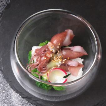 Smoked firefly squid and rape blossoms with vinegared miso sauce