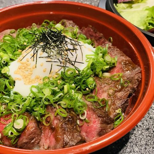 Steak rice bowl with green onion and egg