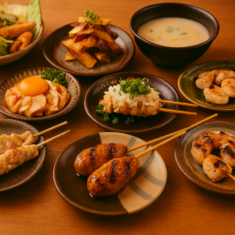 新年派對超值之選☆【享受二鳥屋經典烤雞串套餐】◆11道菜，僅需4,000日圓（含稅），暢飲無阻