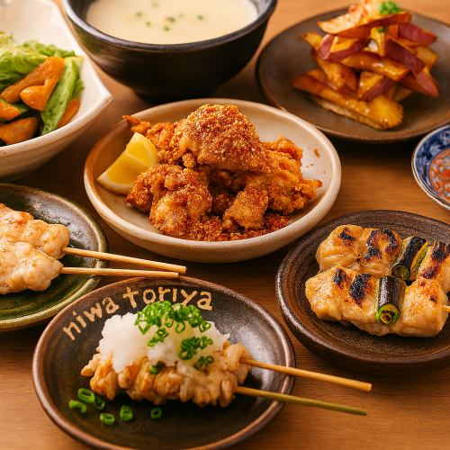 ◆全8品お手軽焼鳥コース(90分飲放付)3500円◆スパイスがやみつきになる淡路どりの唐揚げや焼き鳥4種等