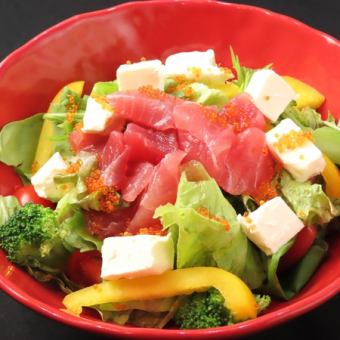 Tuna and cream cheese salad with wasabi dressing