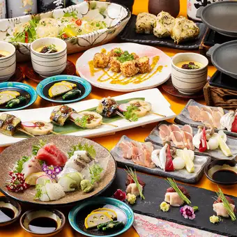 【郷土料理コース5,000円】赤鶏陶板焼き・馬刺し2種・刺身盛りを堪能《2時間飲み放題付》
