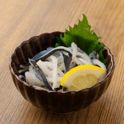 Scallop Menma / Firefly squid marinated in seawater / Boiled pufferfish skin with ponzu sauce