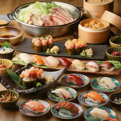 無限量供應海鮮壽司和國產豬肉涮涮鍋，以及種類繁多的配菜（共52種），價格為5980日元。