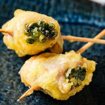 Meat-wrapped tempura skewers