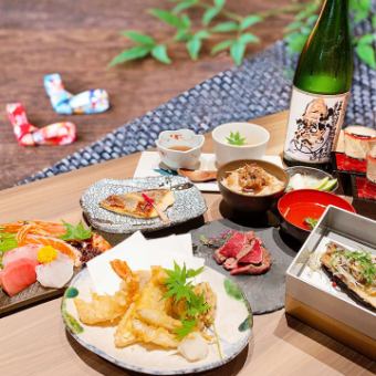 <含无限畅饮>5月～7月【天妇罗怀石套餐7,500日元】～特色菜～牛里脊肉和7种生鱼片