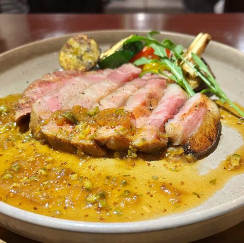Charbroiled Shonai pork ham with pickle grain mustard sauce