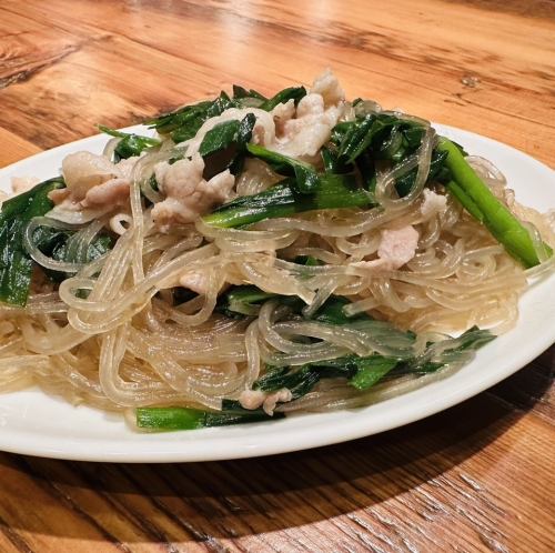 Japchae with pork belly and seasonal vegetables