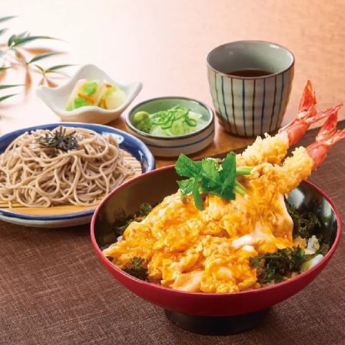 Large shrimp tempura rice bowl with fluffy egg and noodles