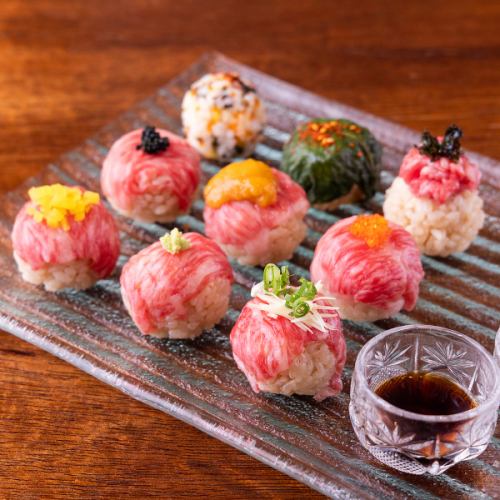 Kuroge Wagyu beef temari meat sushi made by a craftsman who is particular about the meat and shari (red vinegar)