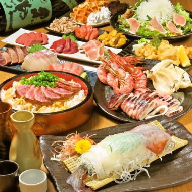 更高級的宴會♪「九州享受套餐」6,500日元，魷魚生魚片、馬肉、牛肉、雞肉生魚片、海鮮爐端等9道菜品