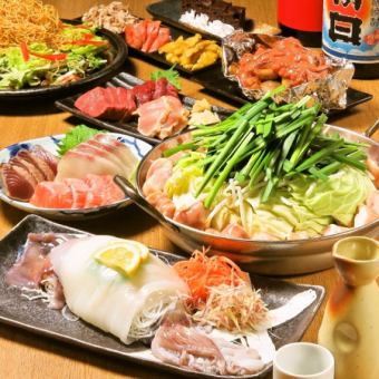 [Luxury hot pot course] Whole squid sashimi / Choice of hot pots such as all-you-can-eat motsunabe / Horse meat yukke ◇ 2 hours all-you-can-drink included