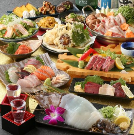 火鍋和海鮮無限暢飲套餐3,500日元～離岡山站很近！魚和肉的爐端燒也很適合酒會和宴會。