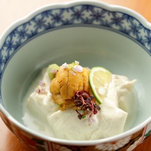 Yuba tofu topped with fresh sea urchin