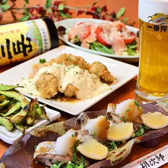 ≪いつもの宴会に是非！≫[飲放]生ビール・三岳も飲み放題♪季節のおすすめ7品【朝次郎コース】