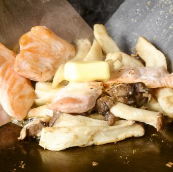 Salmon and king oyster mushroom stir-fried with butter and ponzu