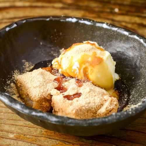 Homemade fried Abekawa mochi with brown sugar syrup