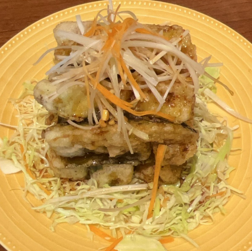 Fried eggplant with herb sauce