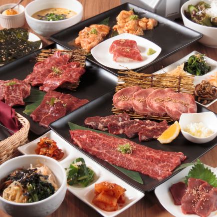 [Chikaraya special selection course] 12 dishes including grilled shabufugetsuki short ribs, top tongue salt, top skirt steak, meat sushi, etc. ¥4800