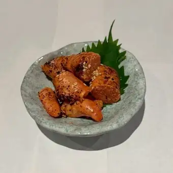 Seared mentaiko (spicy cod roe) and sliced yam