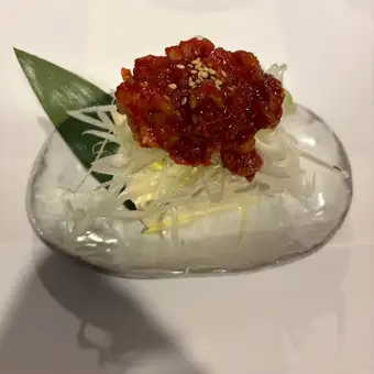 Lightly pickled yam, chilled tofu with changja (spicy fermented seafood), chilled tofu with myoga (Japanese ginger).