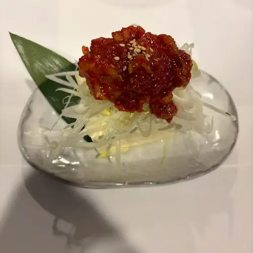 Lightly pickled yam, chilled tofu with changja (spicy fermented seafood), chilled tofu with myoga (Japanese ginger).