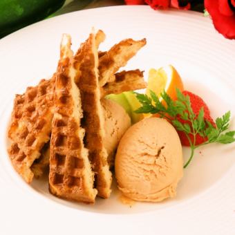 Caramel mousse with ice cream waffles