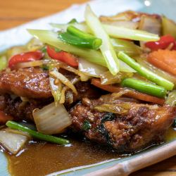 Stir-fried white fish and celery “Pla Pak Kun Chai”