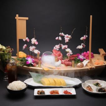 【誕生日・記念日・慶事】 極上の肉5種盛りと人気の肉寿司が付いた極 夜桜コース 【演出あり♪】