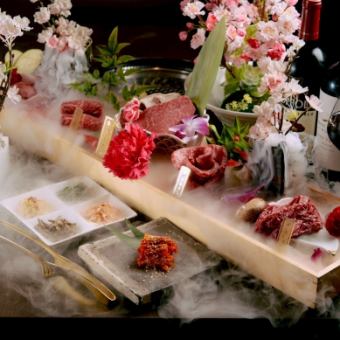 【誕生日・記念日・慶事】 極上の肉5種盛りと人気の肉寿司が付いた極 夜桜コース 【演出あり♪】