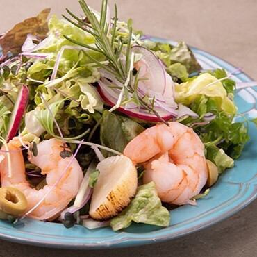 Seared Scallop and Shrimp Salad with Olive Dominagrette